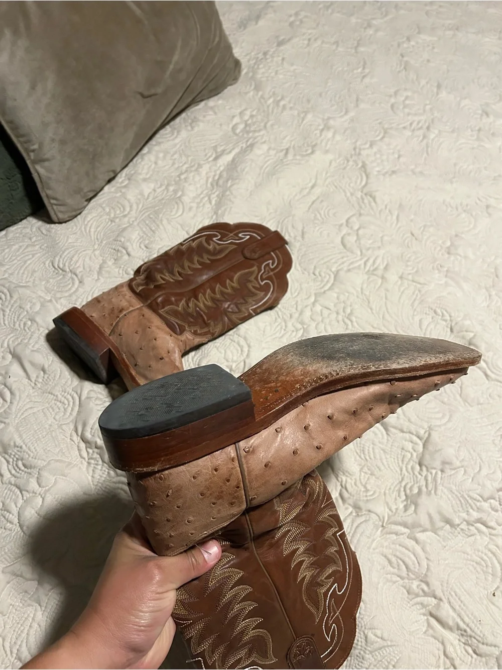 Tony Lama Brown Ostrich Leather Cowboy Boots with White Stitching